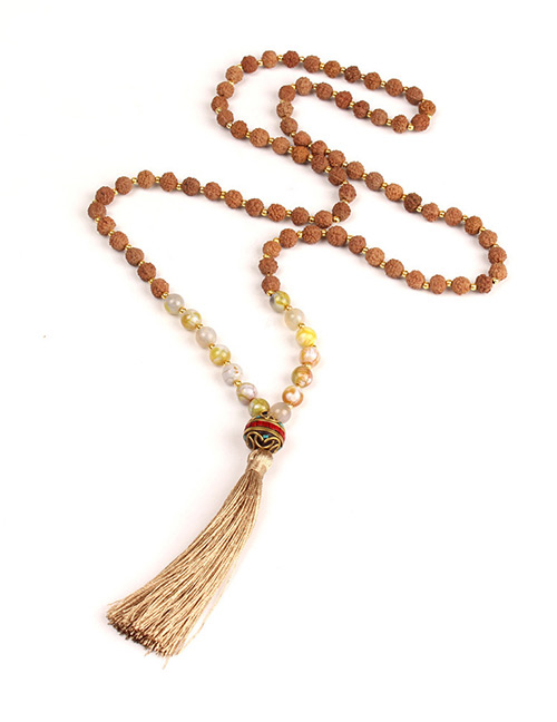 Trendy Khaki Beads Decorated Long Tassel Necklace