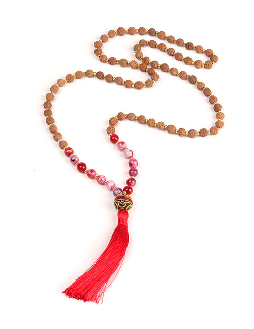 Trendy Red Beads Decorated Long Tassel Necklace
