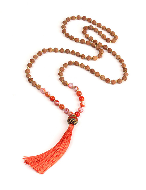 Trendy Orange Beads Decorated Long Tassel Necklace