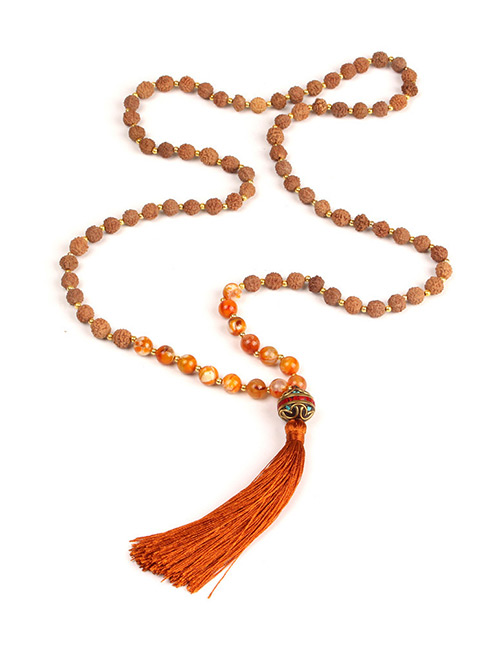 Trendy Brown Beads Decorated Long Tassel Necklace