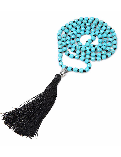Vintage Blue+black Color Matching Design Long Tassel Necklace