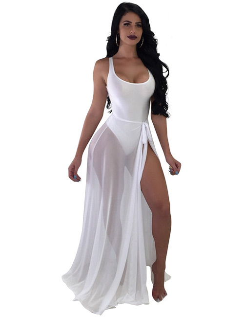 Sexy White Pure Color Design Swimwear With Smock(2pcs)
