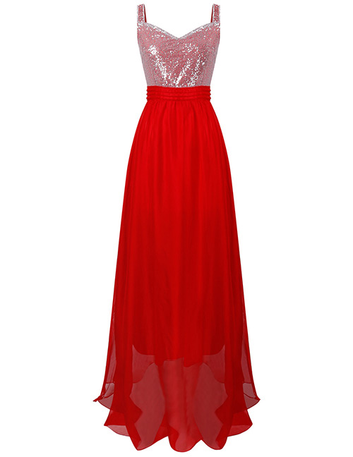 Sexy Red Sequins Decorated Pure Color Long Dress