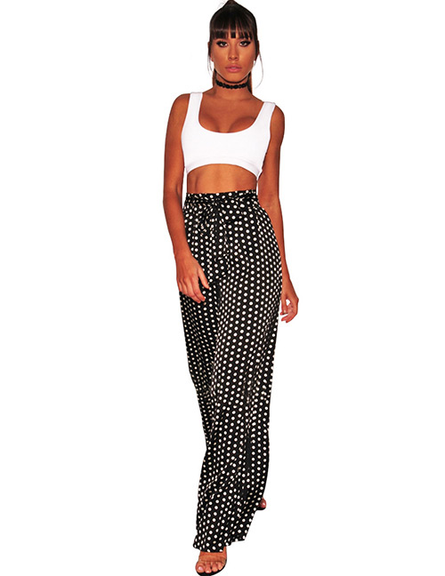 Sexy White+black Dots Pattern Decorated Wide-legs Pants