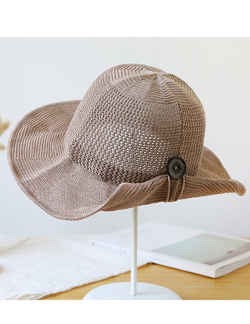 Trendy Khaki Button Shape Decorated Sunscreen Fisherman Hat