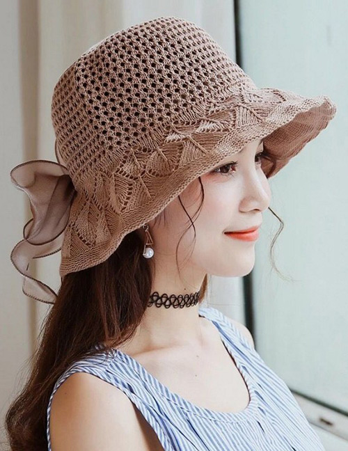 Trendy Khaki Bowknot Decorated Knitted Sunscreen Hat
