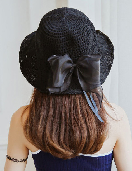 Trendy Black Bowknot Decorated Knitted Sunscreen Hat