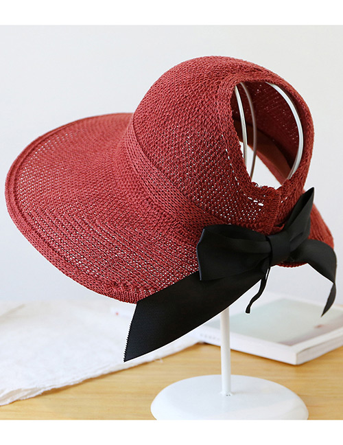 Trendy Claret Red Pure Color Decorated Bowknot Design Sunscreen Hat