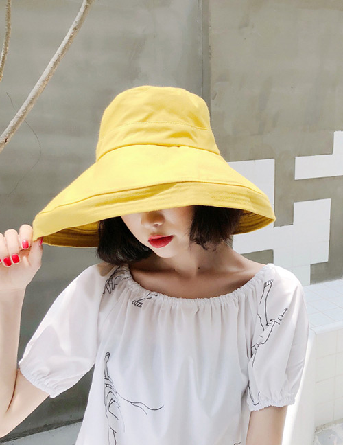 Fashion Light Yellow Pure Color Design Foldable Sunscreen Hat