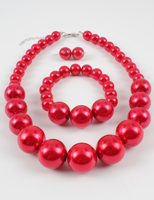 Elegant Red Full Pearls Design Pure Color Jewelry Sets