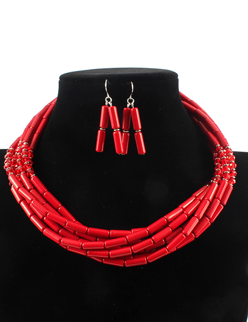 Elegant Red Beads Decorated Pure Color Jewelry Sets