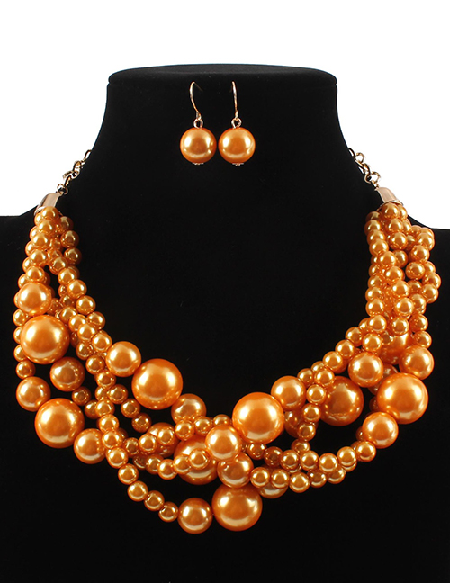 Elegant Orange Pearls Decorated Pure Color Jewelry Sets