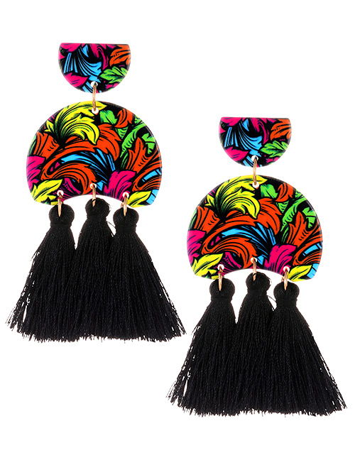 Fashion Black Flower Pattern Design Tassel Earrings