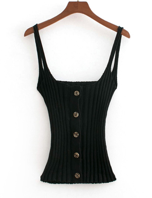 Fashion Black Pure Color Design Suspender Vest