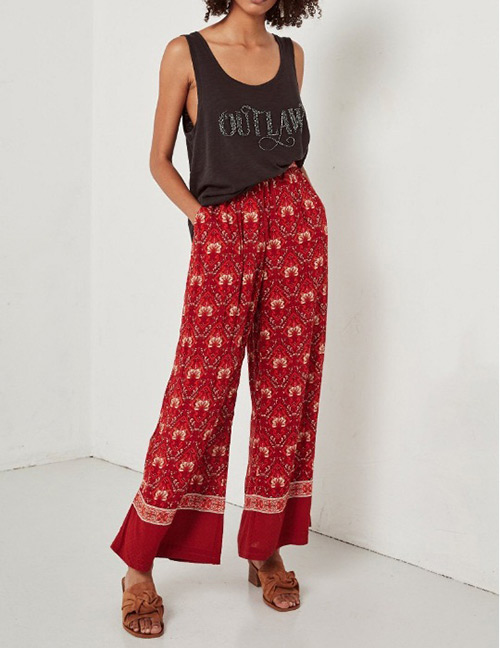 Fashion Red Flowers Decorated Wide-legs Pants
