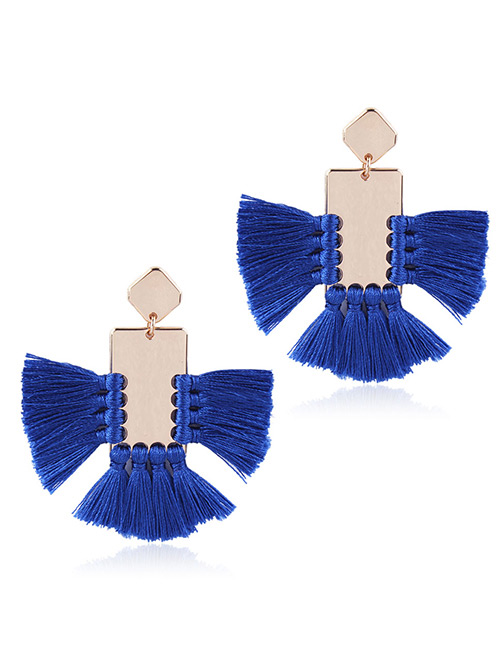 Elegant Sapphire Blue Square Shape Decorated Tassel Earrings