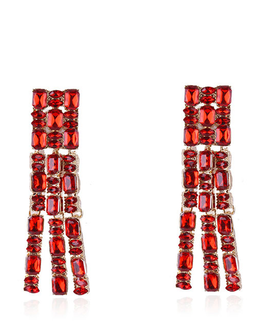 Fashion Red Full Diamond Design Long Earrings