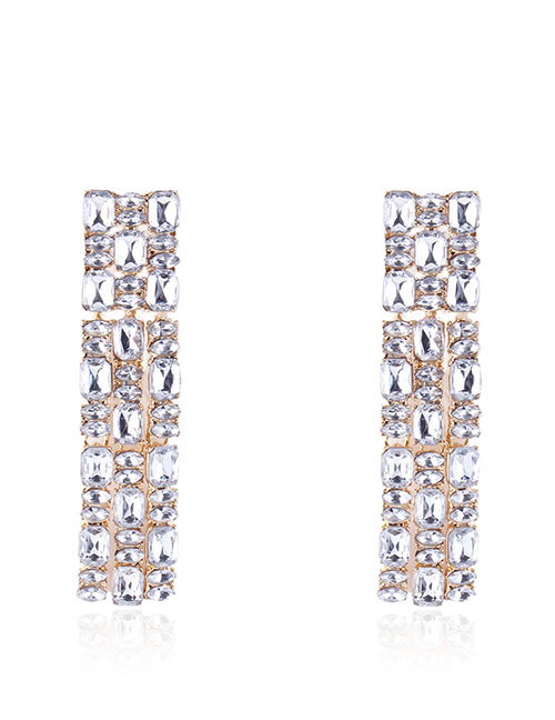 Fashion White Full Diamond Design Long Earrings