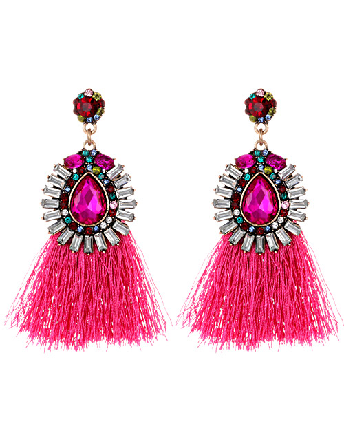 Fashion Plum Red Diamond Decorated Tassel Earrings