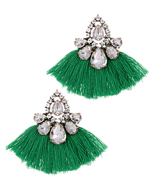 Fashion Green Diamond Decorated Tassel Earrings