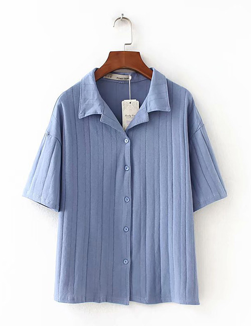 Fashion Blue Pure Color Design Knitted Loose Shirt