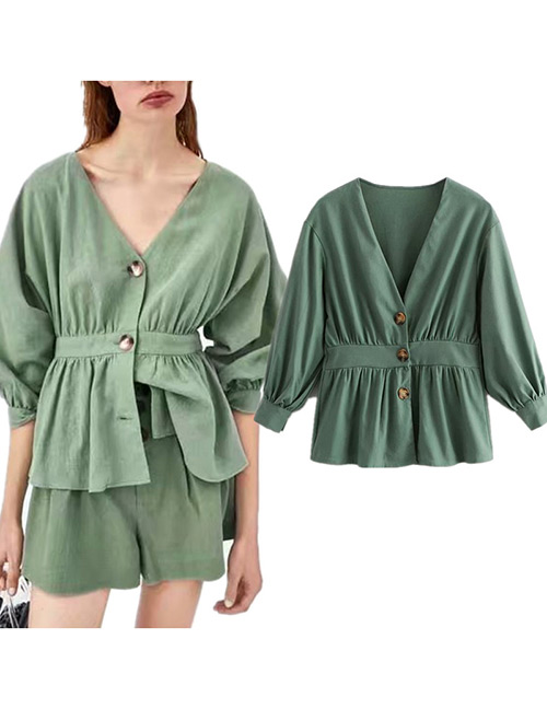 Fashion Green V Neckline Design Pure Color Blouse
