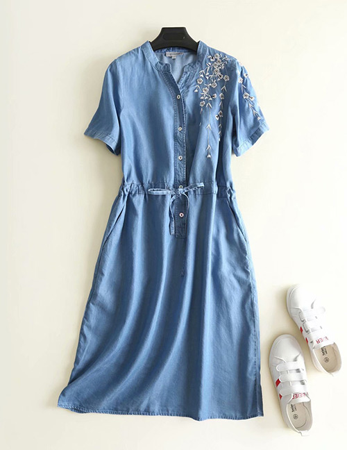 Fashion Blue Flowers Pattern Decorated Short Sleeves Dress