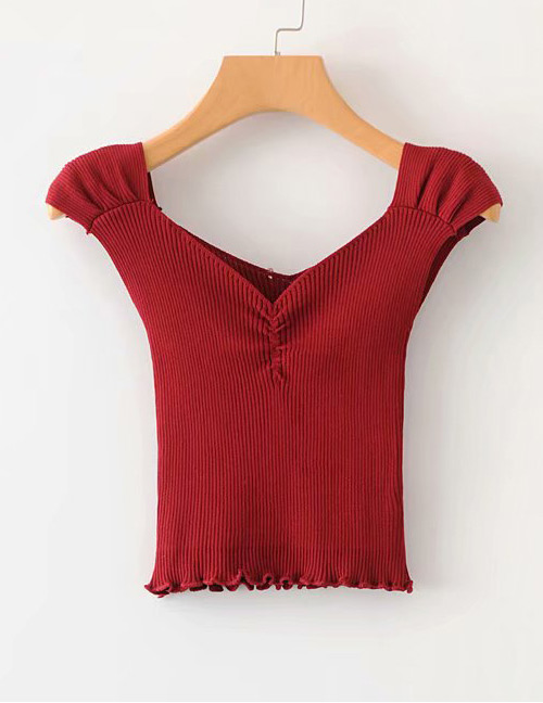 Fashion Red Pure Color Design V Neckline Knitted Shirt