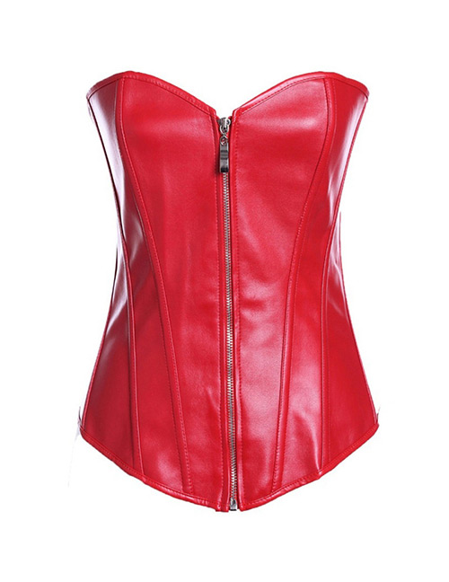 Sexy Red Zipper Decorated Pure Color Corset
