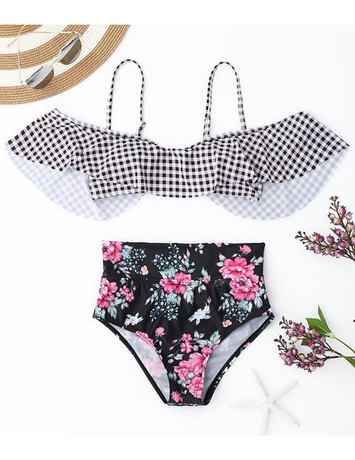 Sexy Black+white Grid&flowers Pattern Decorated Bikini
