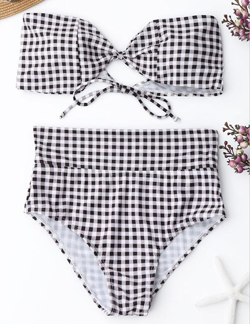 Sexy Black+white Grid Pattern Design Strapless Bikini