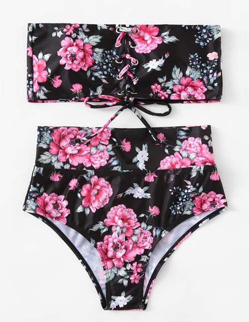 Sexy Black+pink Strapless Design Flower Pattern Bikini