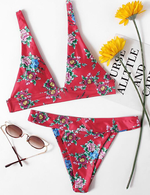 Sexy Red+green V Neckline Design Flower Pattern Bikini