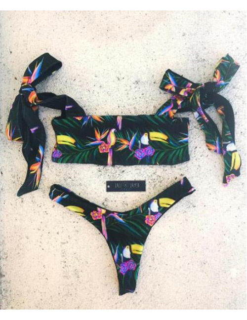 Sexy Black Bird&flowers Pattern Decorated Bikini