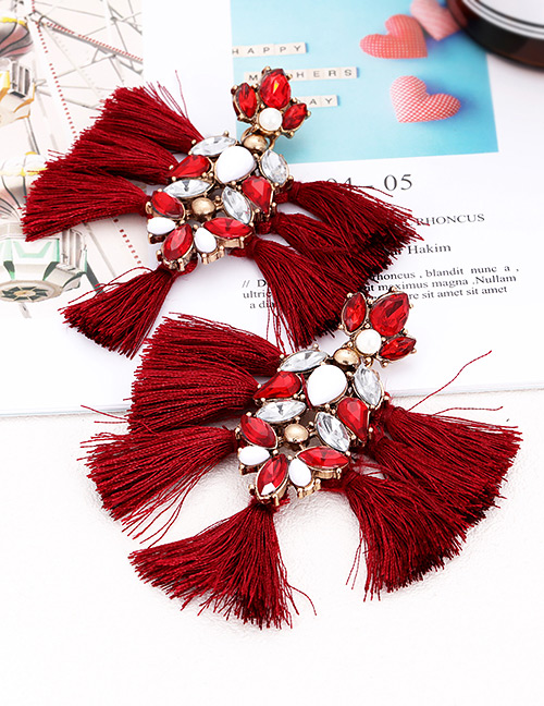Elegant Claret Red Diamond Decorated Tassel Earrings