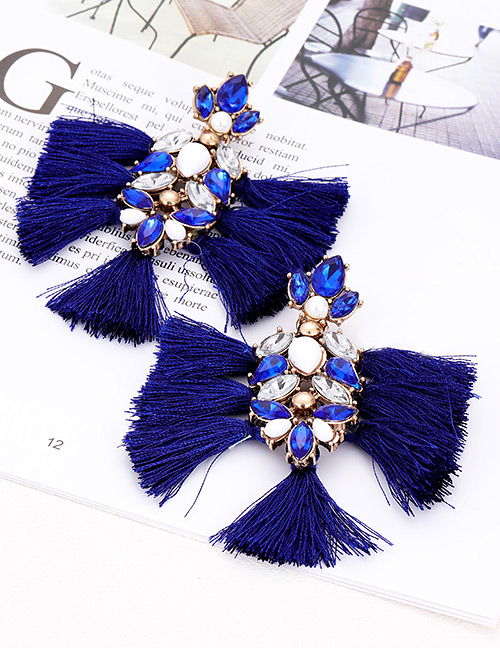Elegant Navy Diamond Decorated Tassel Earrings