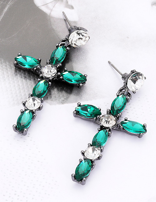 Elegant Green Cross Shape Design Long Earrings