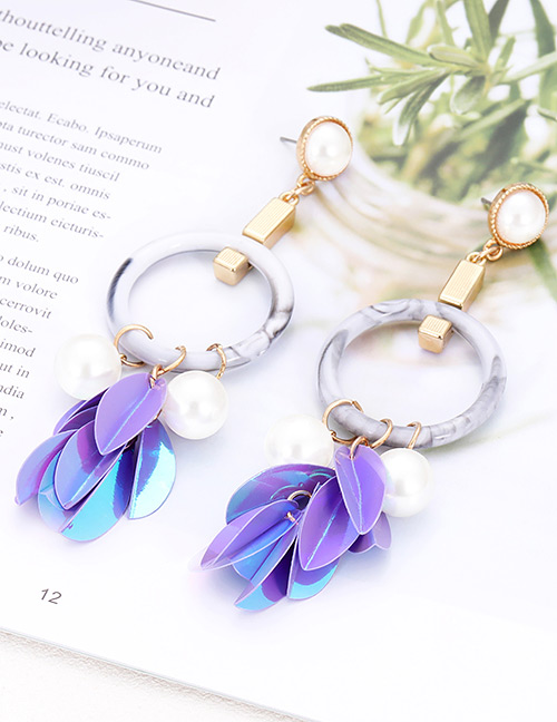 Elegant Purple Pearls&circular Ring Decorated Earrings
