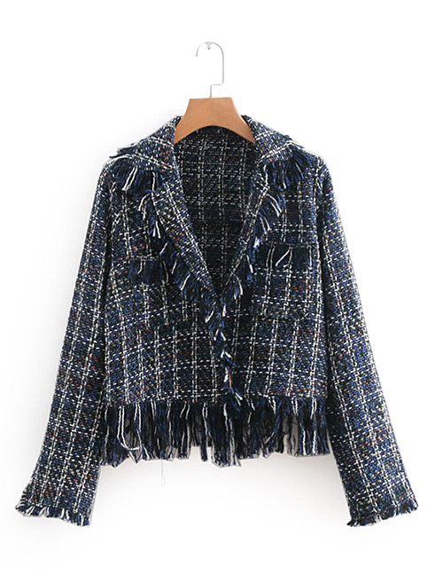 Fashion Navy Grids Pattern Decorated Coat