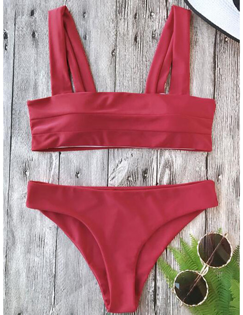 Sexy Claret Red Pure Color Decorated Swimwear(2pcs)