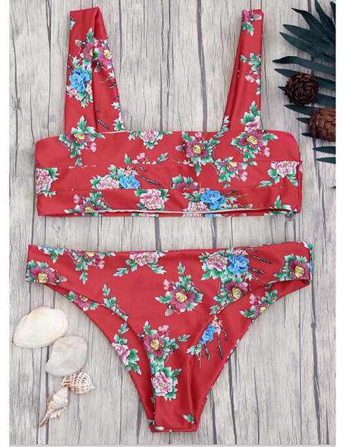 Sexy Red Flower Pattern Decorated Swimwear(2pcs)