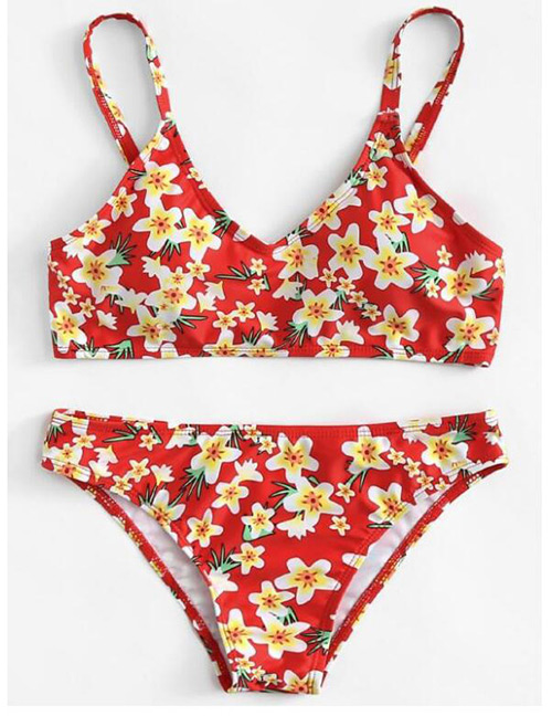Sexy Red Flower Pattern Decorated Suspender Swimwear(2pcs)