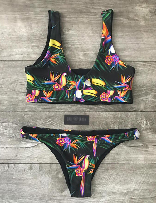 Sexy Black Flower Pattern Decorated Swimwear(2pcs)