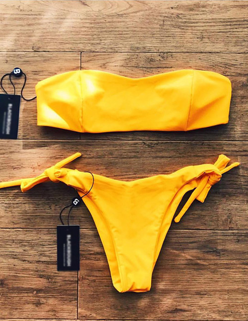 Sexy Yellow Pure Color Decorated Swimwear(2pcs)