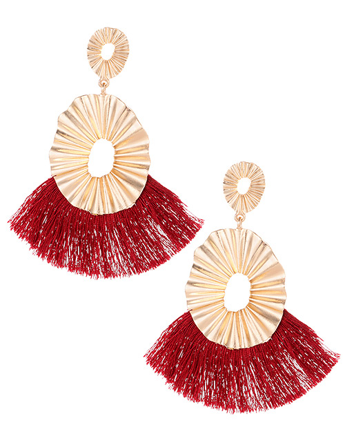Fashion Claret Red Round Shape Decorated Tassel Earrings