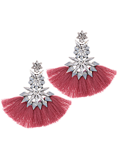 Fashion Plum Red+white Geometric Shape Decorated Tassel Earrings