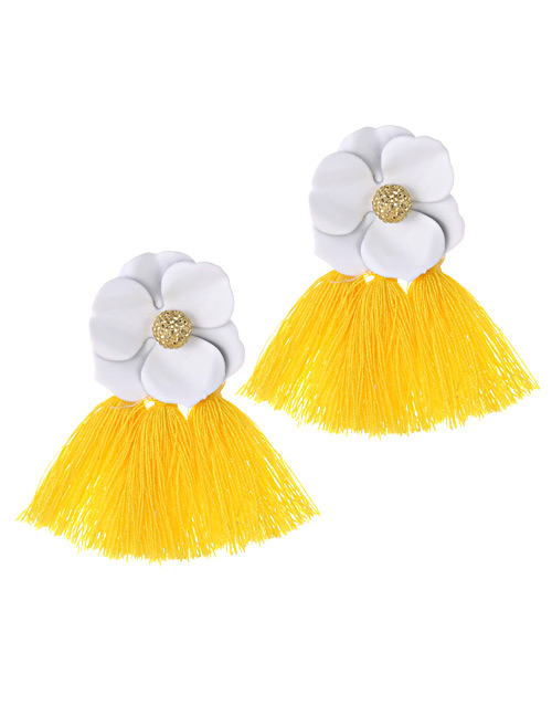 Fashion White+yellow Flower Shape Decorated Tassel Earrings