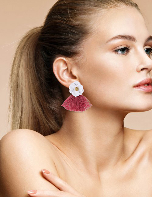 Fashion White+plum Red Flower Shape Decorated Tassel Earrings