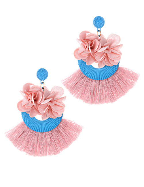 Fashion Pink+blue Flower Shape Decorated Tassel Earrings