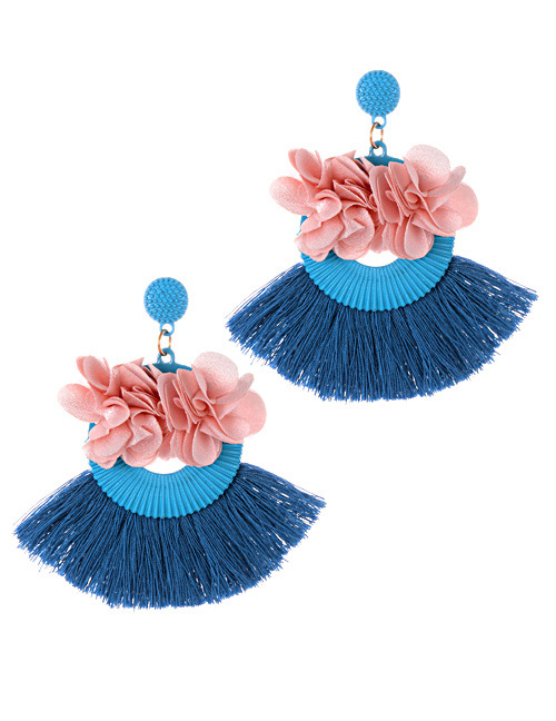 Fashion Blue+pink Flower Shape Decorated Tassel Earrings